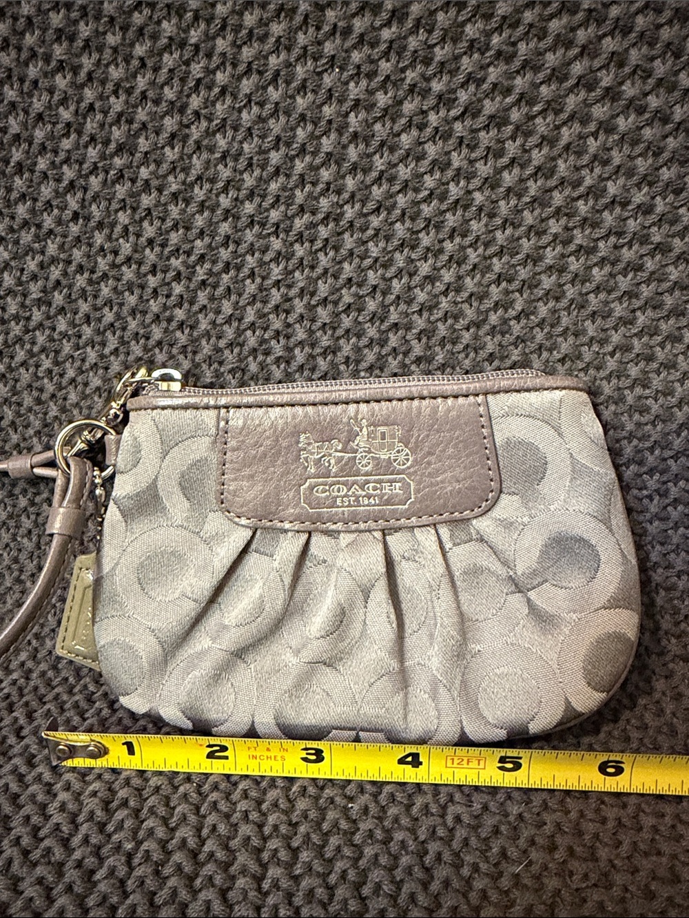 COACH Gray Signature Pleated Wristlet with Silver Logo